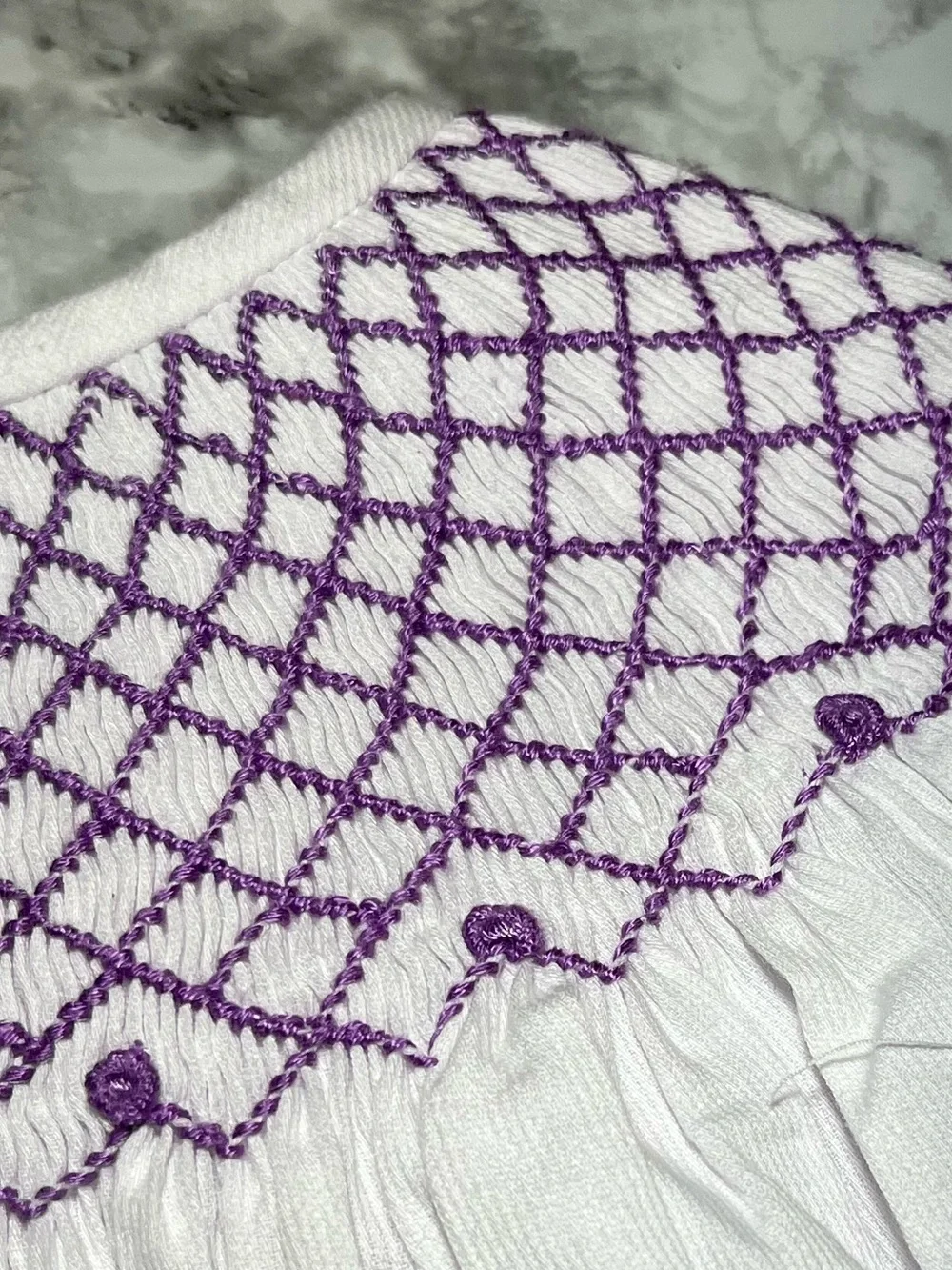 Classic White Smocked Kids Dress with Purple Accents
